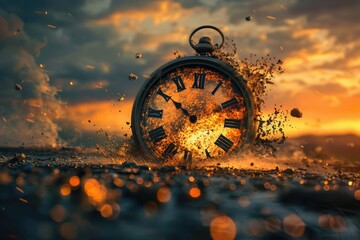 Exploding clock with pieces and bokeh lights - Dramatic depiction of a clock exploding into pieces against a sunset backdrop with light bokeh