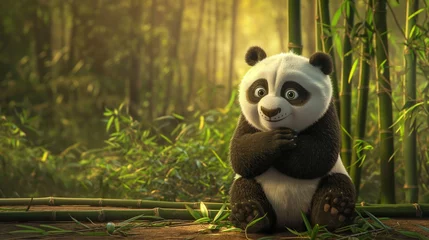Fotobehang A fluffy baby panda cub sitting against a bamboo shoot in a serene forest setting © Image Studio