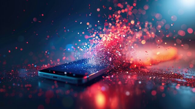 Exploding smartphone with blue and red particles - A high-tech smartphone disintegrates into a cloud of red and blue particles on a dark background, suggesting data loss or tech failure