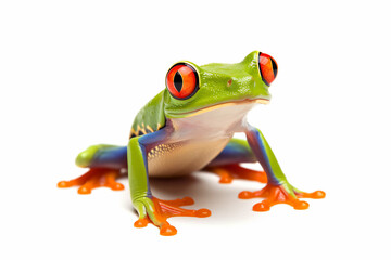 a frog with red eyes sitting on a white surface