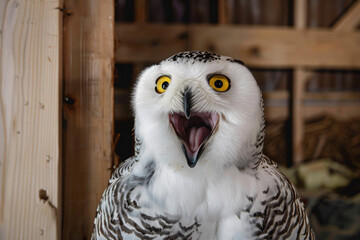 a white owl with yellow eyes and a black and white pattern