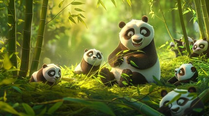 A fluffy baby panda tumbling playfully with its siblings in a bamboo forest
