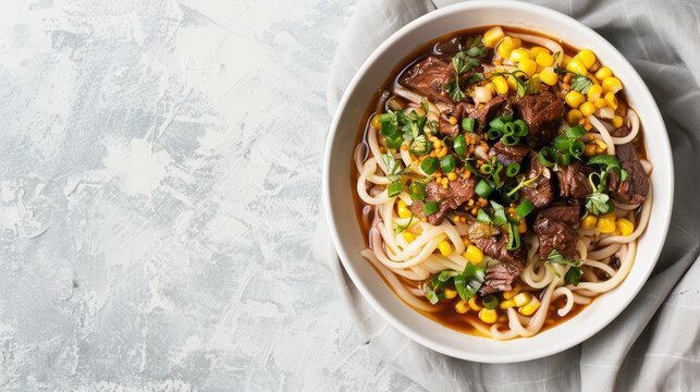 A straightforward and attractive image of corn and beef noodles for a baby food recipe, showcased against a modest, uncluttered background. In the composition, the bowl is brimming with soft noodles