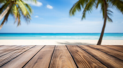 Wood table top on blur sea beach background used for display or montage your products, travel and relax activity concept