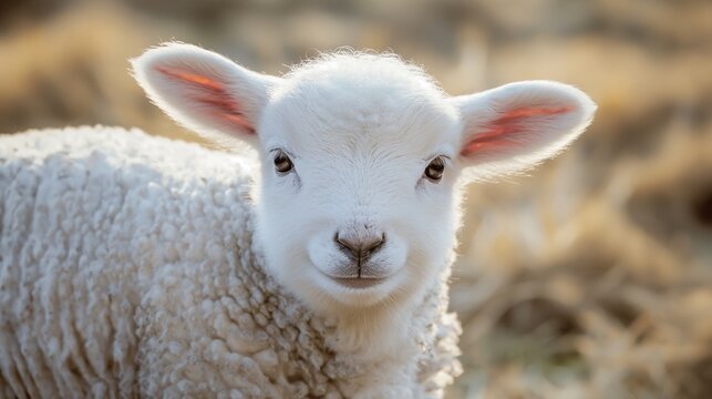A fluffy white lamb with innocent eyes and a gentle smile