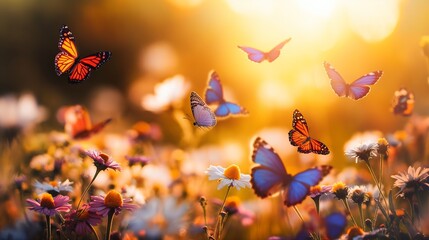 A group of colorful butterflies fluttering among wildflowers in a sun-dappled meadow