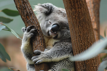 a koala bear is sleeping in a tree - obrazy, fototapety, plakaty