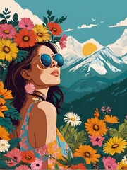 Obraz na płótnie Canvas A girl wearing sunglass and flowers on her head mountain view
