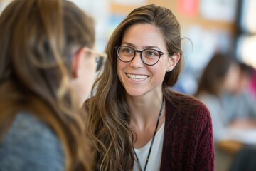 Friendly and engaging young female professor wearing glasses having a conversation with a student, concept of accessible education and mentorship