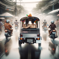 A tourist couple experiences the exhilaration of Songkran, sitting drenched in a tuk tuk as water splashes around in a lively street scene. AI Generated.