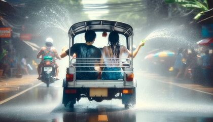 A tourist couple experiences the exhilaration of Songkran, sitting drenched in a tuk tuk as water splashes around in a lively street scene. AI Generated.
