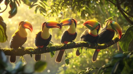 A group of colorful toucans perched in a tree, their vibrant beaks catching the sunlight