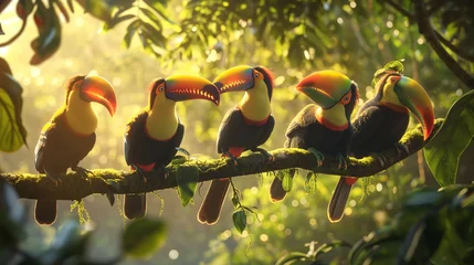 Deurstickers A group of colorful toucans perched in a tree, their vibrant beaks catching the sunlight © Image Studio