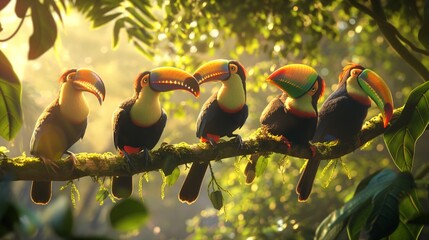 A group of colorful toucans perched in a tree, their vibrant beaks catching the sunlight