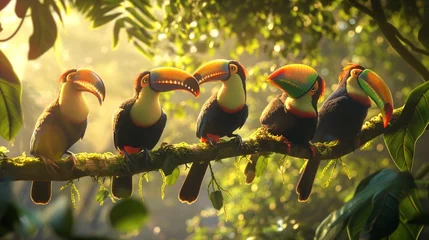 Foto op Canvas A group of colorful toucans perched in a tree, their vibrant beaks catching the sunlight © Image Studio
