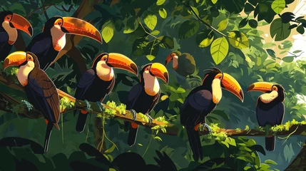 Rolgordijnen A group of colorful toucans perched in a tree, their vibrant beaks catching the sunlight © Image Studio