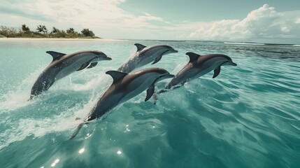 A group of playful dolphins leaping gracefully out of crystal clear ocean waters - obrazy, fototapety, plakaty