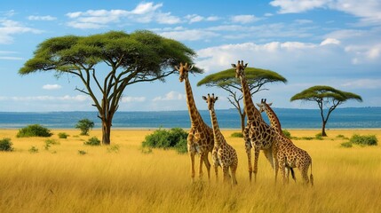 A group of giraffes grazing peacefully on tall trees in the African savanna