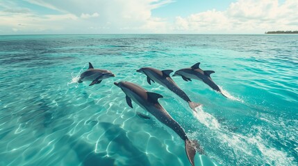 A group of playful dolphins leaping gracefully out of crystal clear ocean waters - obrazy, fototapety, plakaty
