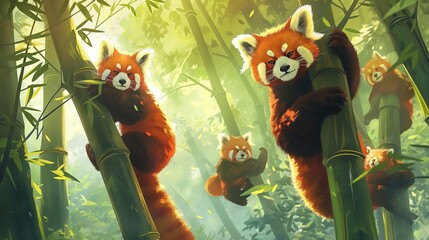 A group of playful red pandas frolicking among the trees in a bamboo forest