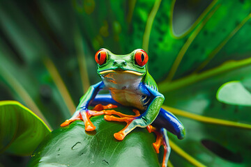 Fototapeta premium a frog sitting on a leaf with a green background