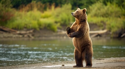 A majestic grizzly bear standing on its hind legs, surveying its surroundings with curiosity - obrazy, fototapety, plakaty