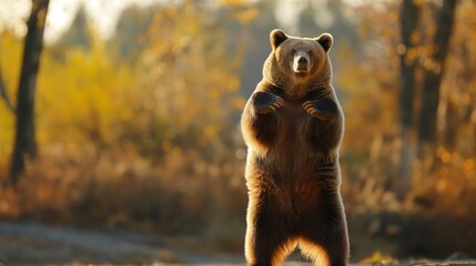 A majestic grizzly bear standing on its hind legs, surveying its surroundings with curiosity - obrazy, fototapety, plakaty