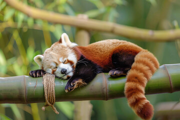 Fototapeta premium a red panda sleeping on a bamboo pole