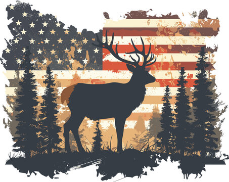 A new vector illustration showcases a 2D logo featuring the silhouette of a deer with antlers, set against a background of pine trees and the USA flag.