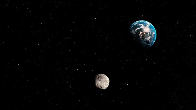 Asteroids in space fly towards planet Earth. The concept of a possible global catastrophe, an asteroid collision with the Earth. 4k animation.