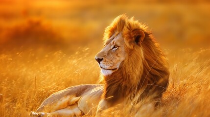 A majestic lion resting in the golden savanna grass, its mane blowing in the wind