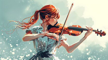 Digital art of a passionate red-haired woman engrossed in playing the violin, with dynamic strokes conveying movement and emotion.