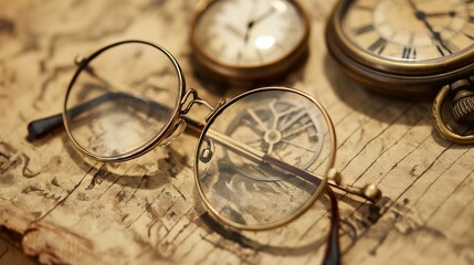 A modern pair of glasses juxtaposed with an antique pocket watch