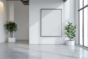 Modern bright interior with empty frame . 3D rendering