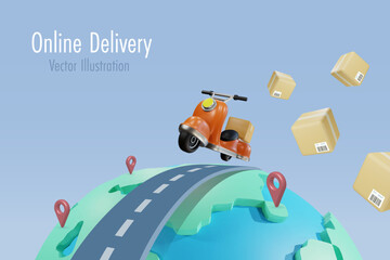 Naklejka premium Online global delivery shipping service. Driving scooter delivers shipment box on road on world map. Online shopping, delivery and international freight distribution shipment. 3D vector.