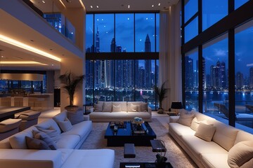 Luxurious penthouse in Dubai. Modern living room with night city view - obrazy, fototapety, plakaty