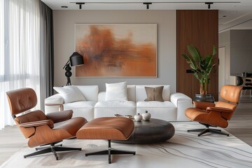 Mid-century style home interior design of modern living room with white sofa and brown leather armchairs.