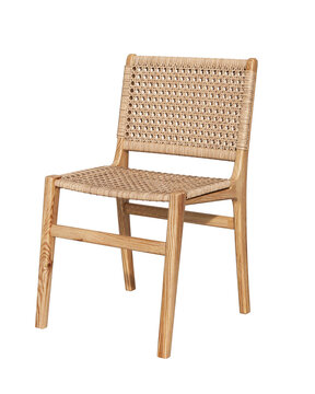 Solid wooden dining chair or woven rattan chair isolated. Open wicker chair