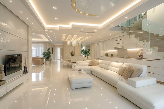 Luxury interior with white kitchen and living room