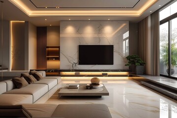 Minimalist style interior design of modern living room with tv.