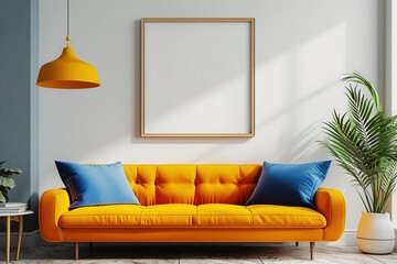 minimal design appartment, a wall with a picture frame, modern living-room, colourful furniture, perpendicular composition, center perspective, very detailed, photorealistic, photographic, Eastman Kod