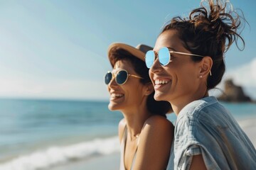Two women enjoying the beach, bright sunny day, friendship and joy. - Powered by Adobe