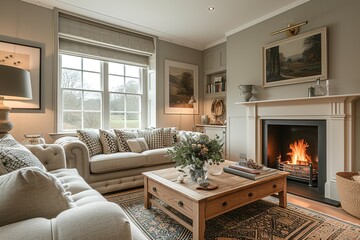 Modern cottage sitting room decor, interior design, living room furniture in neutral colours and fireplace, home decor in elegant English country house style