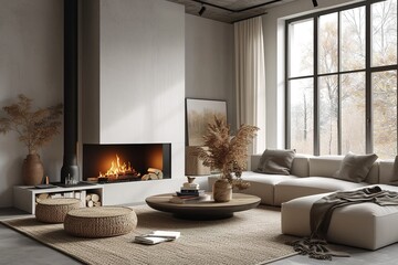 Obraz premium Mock up poster in modern home interior with fireplace, Scandinavian style, 3d render