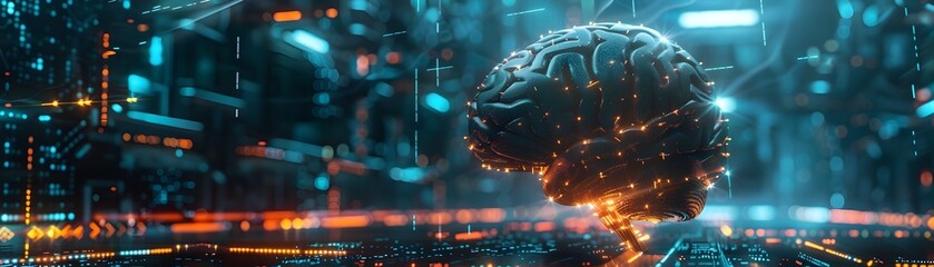 Futuristic Digital Brain: Intricate Structure with Glowing Neon Data Streams in Cyberpunk Setting