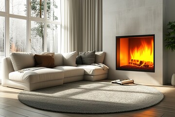 Modern interior design of the living room with fireplace. Super photo realistic background.
