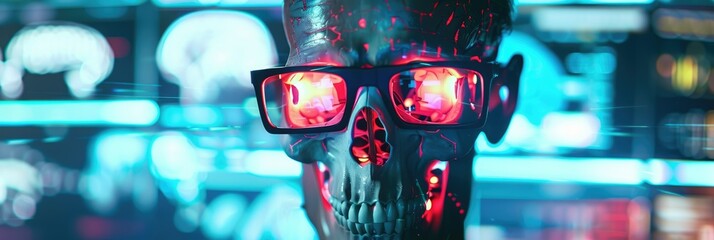 Skull wearing glasses with circuit reflections - Unique conceptual image of a skull wearing glasses reflecting circuit patterns in a neon environment