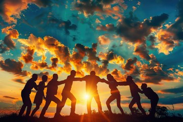 Silhouetted people playing tug of war at sunset - A vibrant image depicting a group of people engaged in a tug of war game against a stunning sunset sky with dramatic clouds