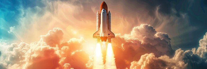 Space shuttle ascending through the clouds - A compelling image of a space shuttle launch with fiery rockets blazing through the serene cloud-filled sky - obrazy, fototapety, plakaty