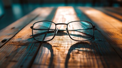 A pair of sleek glasses resting on a wooden table, catching the sunlight just right